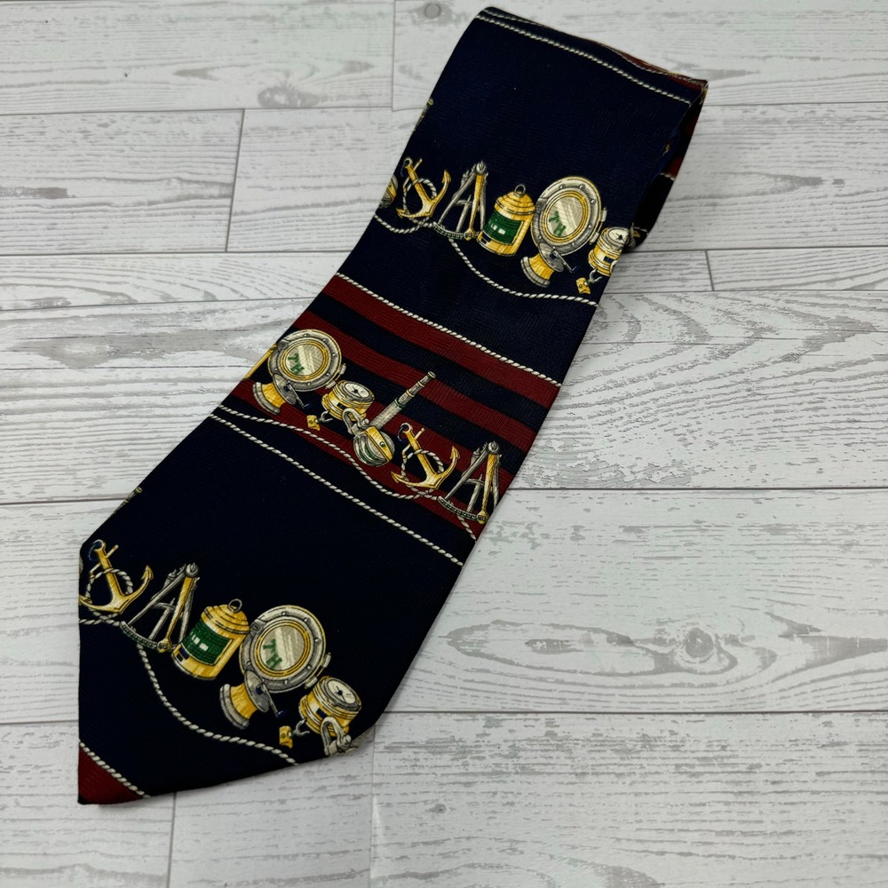 Tommy‎ Hilfiger Mens Nautical Anchor Ship Wheel Tie Navy Red Silk Blend